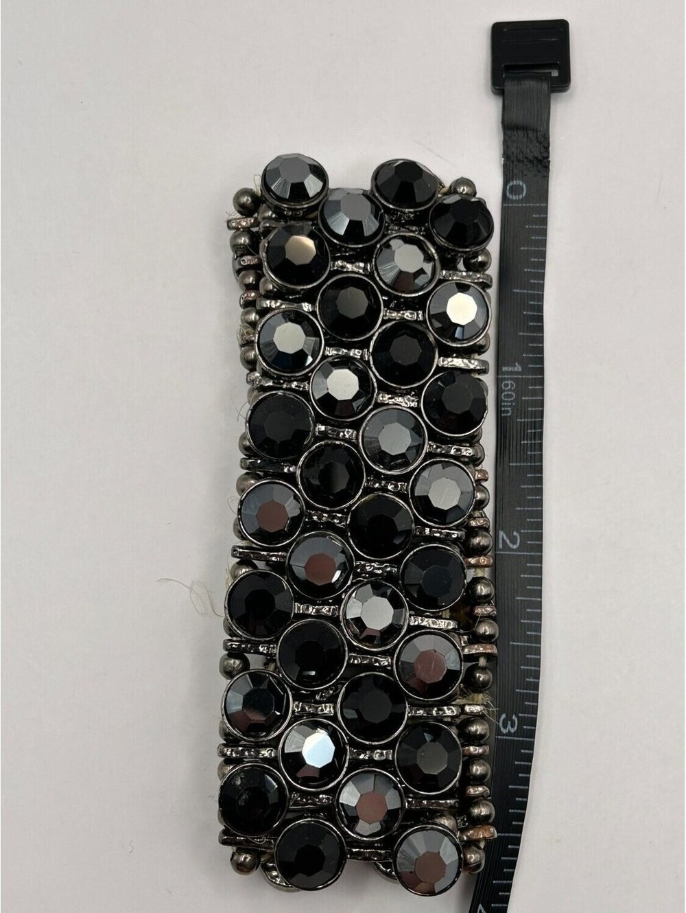 Black Rhinestone Stretch Cuff Bracelet Gunmetal Hematite Multi Row Statement - Picture 4 of 4
